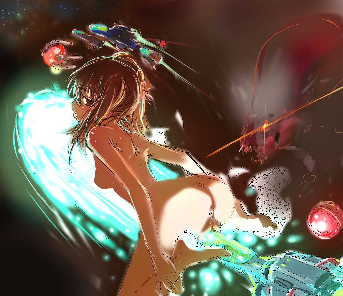 anus arrowhead_(r-type) ass barefoot bit_(r-type) blush bydo feet female force_(r-type) from_behind giantess head insertion irem large_insertion machine mecha monster nude pussy r-type rule34 sabunaa solo space space_craft starfighter straddling tied_hair twintails uncensored vaginal_penetration