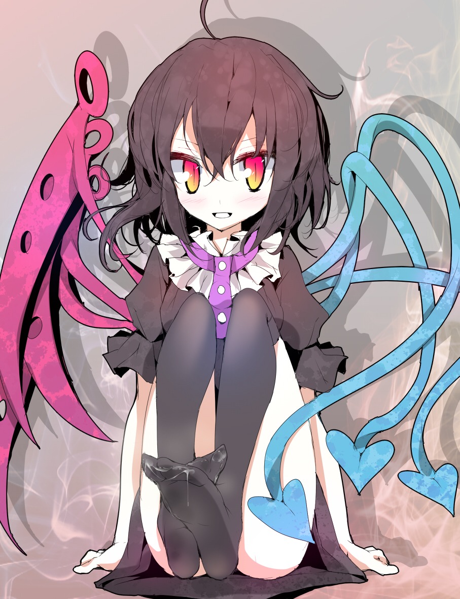 1girls 2d asymmetrical_wings black_hair black_legwear black_thighhighs blush cum cum_on_body cum_on_lower_body dress feet female female_only heterochromia nue_houjuu orange_eyes rule34 short_hair solo thighhighs touhou usotsukiya wings