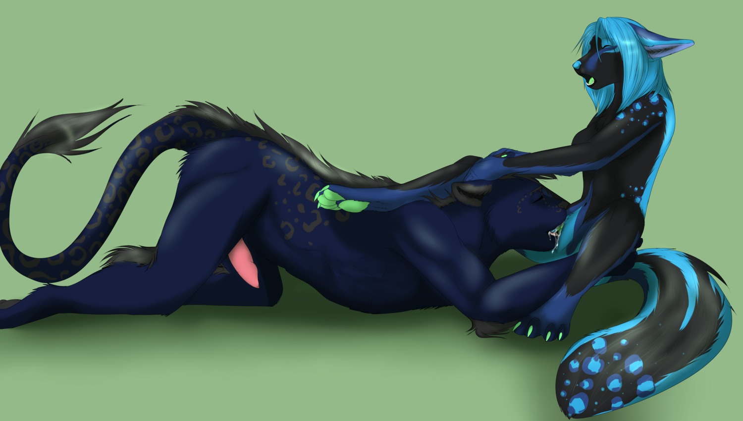 absurd_res anthro black_body black_fur blue_body blue_fur blue_hair bodily_fluids canid canine cunnilingus duo e621 erection felid female fox fur genital_fluids genitals hair hashire hi_res hybrid kemper leopard licking male male/female mammal moan nude oral pantherine penis sex simple_background spots tongue tongue_out vaginal vaginal_fluids vulva
