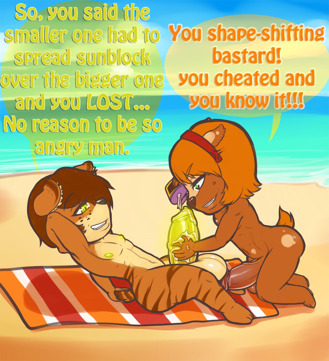 anthro balls beach ben_(nikoh) big_penis canid canine detailed_background dialogue digital_media_(artwork) duo e621 english_text erection fondling genitals hair hi_res male male/male mammal nikoh nipples nude on_towel outside penis sand seaside sky smile text towel vein water