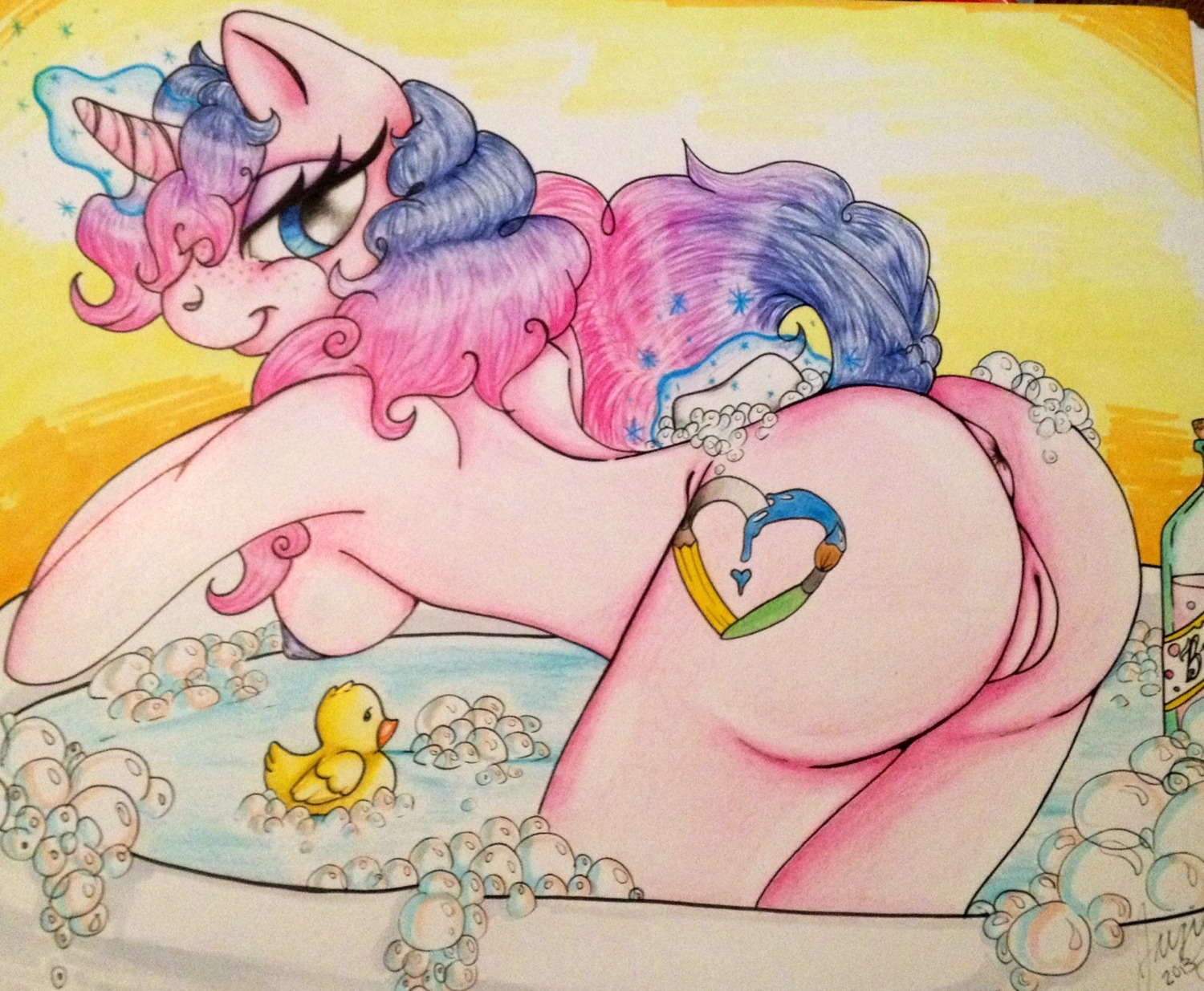 anthro anthrofied anus bath biped breasts cutie_mark e621 english_text equid equine fan_character female freckles fur genitals hair hasbro hi_res horn jujubee looking_at_viewer magic mammal multicolored_hair my_little_pony mythological_creature mythological_equine mythology nipples pencil_(object) pink_body pink_fur presenting presenting_vulva rubber_duck signature smile solo sparkles text two_tone_hair unicorn vulva water