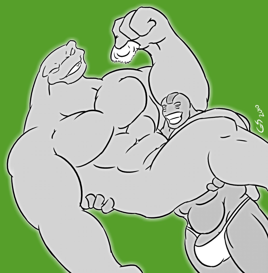 abs alien alien_humanoid ben_10 biceps big_muscles bulge cartoon_network clothed clothing condom duo e621 fangs four_arms_(ben_10) genitals glaciersnow grin holding_condom holding_object humanoid humungousaur male male/male muscular muscular_male nude penis scalie sexual_barrier_device smile standing teeth tetramand thong underwear vaxasaurian
