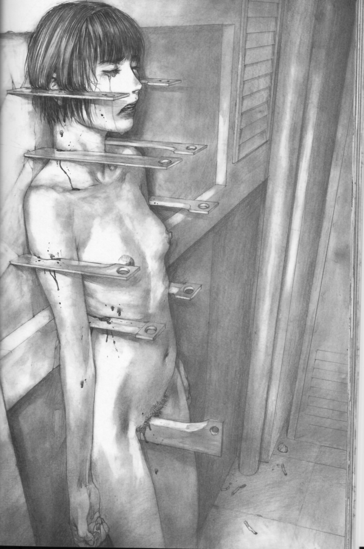 bleeding_from_pussy blood cigarette female flat_chest gore guro hiroaki_samura monochrome nude pencil pubic_hair pussy rule34 scan short_hair tears torture