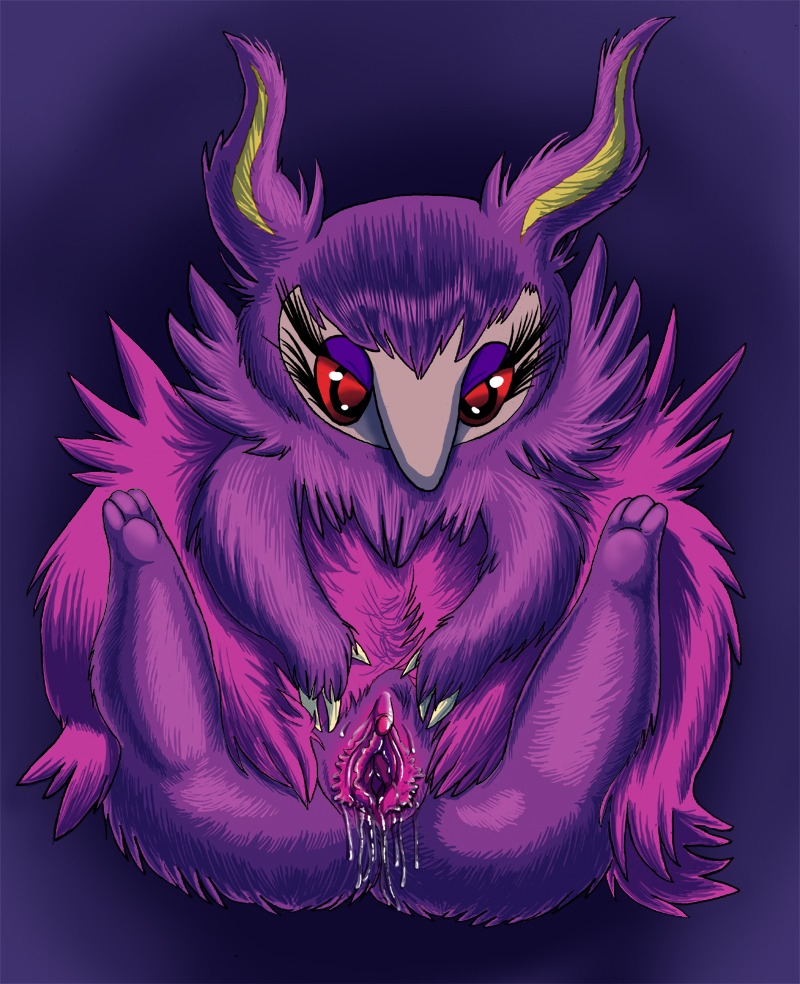 aromatisse avian bodily_fluids claws clitoris dripping e621 eyelashes female fur gaping gaping_vagina generation_6_pokemon genital_fluids genitals legs_up looking_down lying monsterblender nintendo on_back pokemon pokemon_(species) purple_body purple_fur red_eyes solo vaginal_fluids vulva