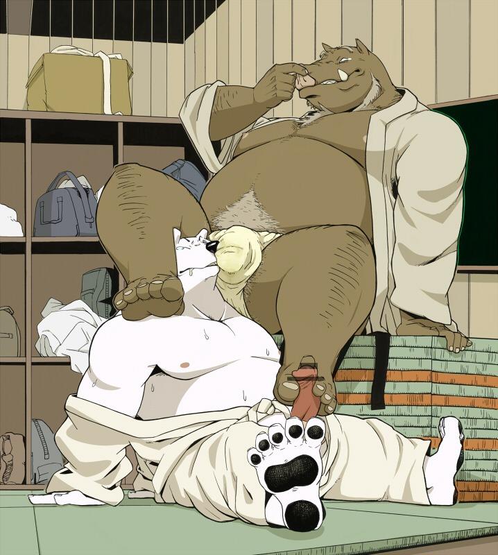 5_toes anthro anthro_on_anthro asian_clothing bear big_muscles bottomless bulge clothed clothing duo e621 east_asian_clothing erection eto1212 fangs feet foot_fetish foot_play footjob fundoshi fur genitals humanoid_feet japanese_clothing male male/male mammal muscular muscular_male musk nipples open_clothing open_shirt open_topwear pawpads paws penile penis plantigrade polar_bear sex shirt sitting slightly_chubby storage_room submissive submissive_male suid suine sus_(pig) teeth toes topless topwear underwear undressing ursine white_body white_fur wild_boar