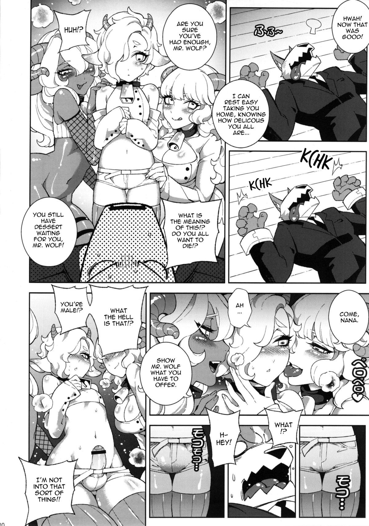 absurd_res anthro bell big_bad_wolf big_breasts bovid breasts canid canine canis caprine clothing collar comic dialogue dress e621 english_text fairy_tales female femboy fishine genitals goat greyscale group hi_res horizontal_pupils interspecies male mammal monochrome predator/prey pupils text the_wolf_and_the_seven_little_goats vulva wolf yokan_(fishine)