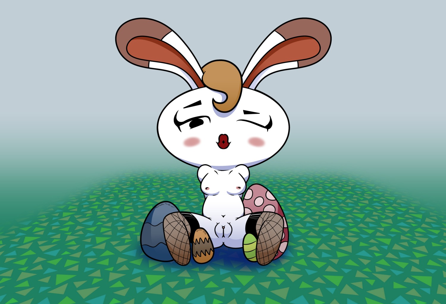 2014 absurd_res animal_crossing anthro blargsnarf breasts brown_hair clothing digital_media_(artwork) e621 easter easter_egg egg female fishnet_clothing genitals hair hi_res holidays lagomorph leporid lipstick looking_at_viewer makeup mammal nintendo nipples rabbit short_hair solo tiffany_(animal_crossing) vulva