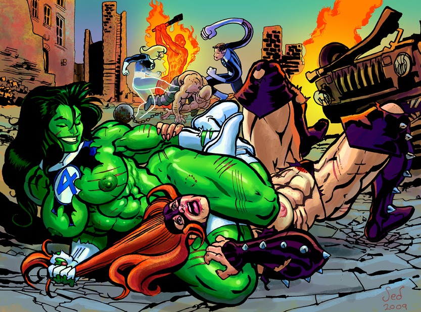 2009 2d 2girls abs absorbing_man big_breasts boots breasts catfight color fantastic_four female female_focus femdom fight full_color green-skinned_female green_hair green_skin hulk_(series) human_torch invisible_woman johnny_storm lezdom light-skinned_female light_skin marvel marvel_comics mr_fantastic multiple_girls muscular muscular_female naked_female red_hair reed_richards rule34 scissorhold scratches sed she-hulk she-hulk_(fantastic_four) smile sue_storm titania_(marvel) torn_clothes