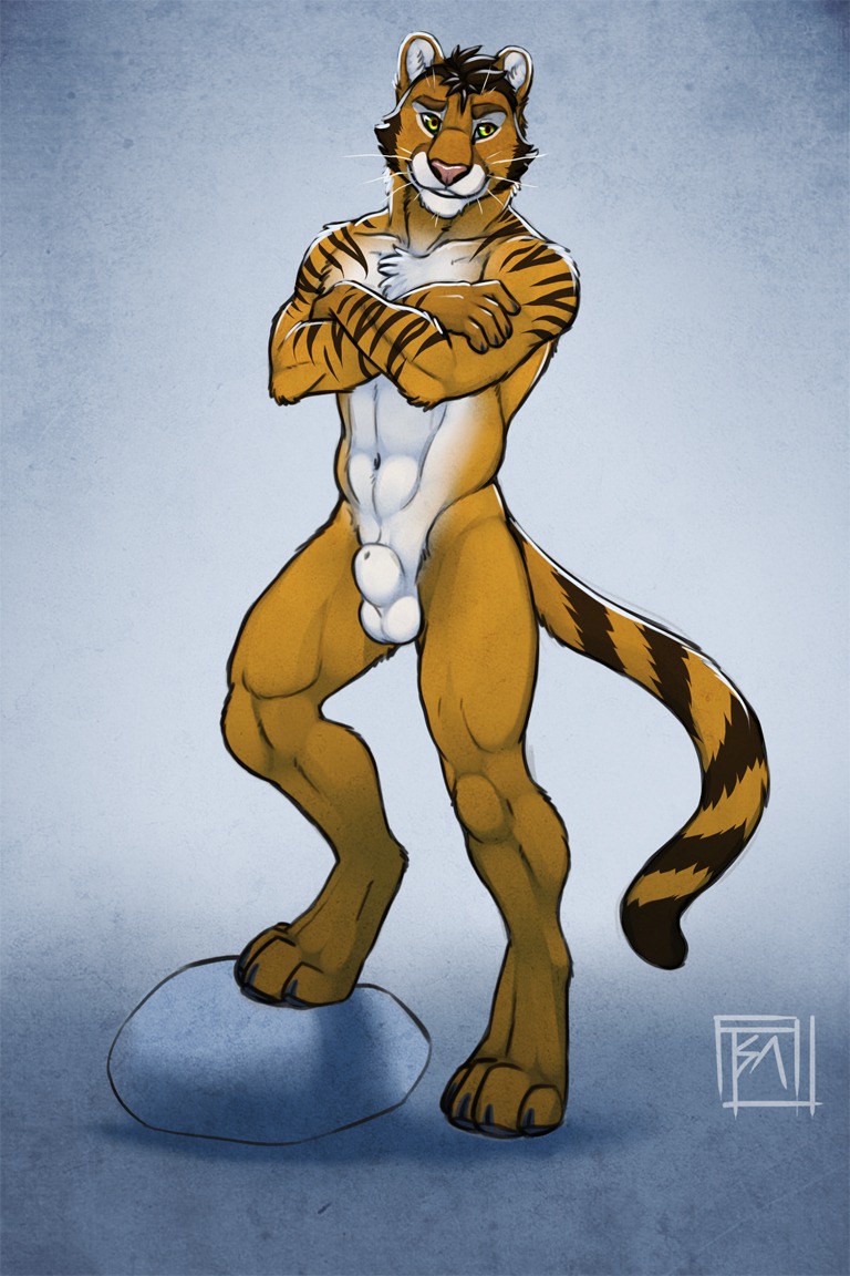 2:3 abs animal_genitalia anthro balls biceps big_muscles biped black_body black_fur blue_background brown_body brown_fur chest_tuft claws cougar crossed_arms e621 felid feline fully_sheathed fur genitals grin hair hybrid looking_at_viewer male mammal markings muscular muscular_anthro muscular_male nude pantherine pawpads paws pecs pink_nose pose presenting raised_leg rock sheath simple_background smile solo standing step_pose stripes tail tiger toe_claws tsaiwolf tuft whiskers white_body white_fur yellow_eyes