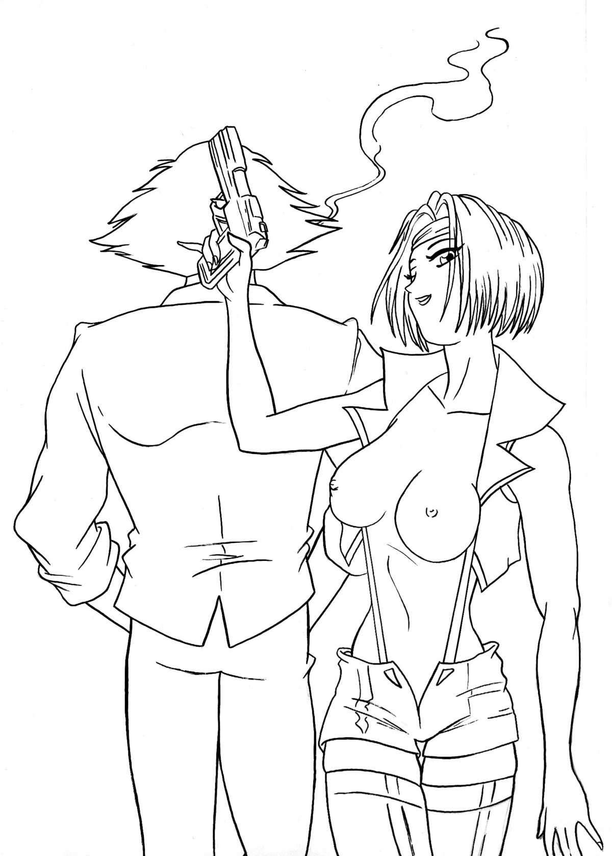 breasts cowboy_bebop faye_valentine female gun large_breasts line_art monochrome no_bra open_clothes rule34 short_hair short_shorts shorts smoking spike_spiegel thighhighs white_background