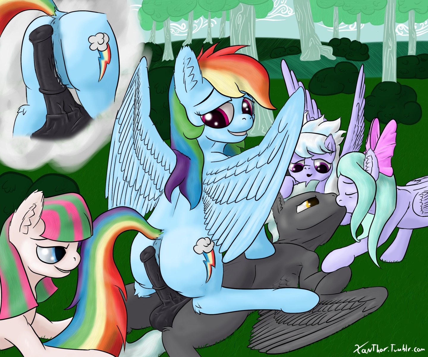 2013 6:5 absurd_res accessory animal_genitalia animal_penis anus balls being_watched black_hair blossomforth_(mlp) blue_body blue_eyes blue_feathers blue_fur bodily_fluids bow_(feature) bow_accessory bow_ribbon centered_hair_bow cloud_chaser_(mlp) cutie_mark e621 english_text equid equine equine_genitalia equine_penis erection eye_contact feathered_wings feathers female feral feral_on_feral flitter_(mlp) friendship_is_magic fur genitals group hair hair_accessory hair_bow hair_ribbon hasbro hi_res indirect_incest_(lore) kissing looking_at_another lying male male/female mammal multicolored_hair my_little_pony mythological_creature mythological_equine mythology on_back outside pegasus penis purple_body purple_eyes purple_fur pussyjob rainbow_dash_(mlp) rainbow_hair ribbons sex sweat text thunderlane_(mlp) vulva wings xanthor yellow_eyes