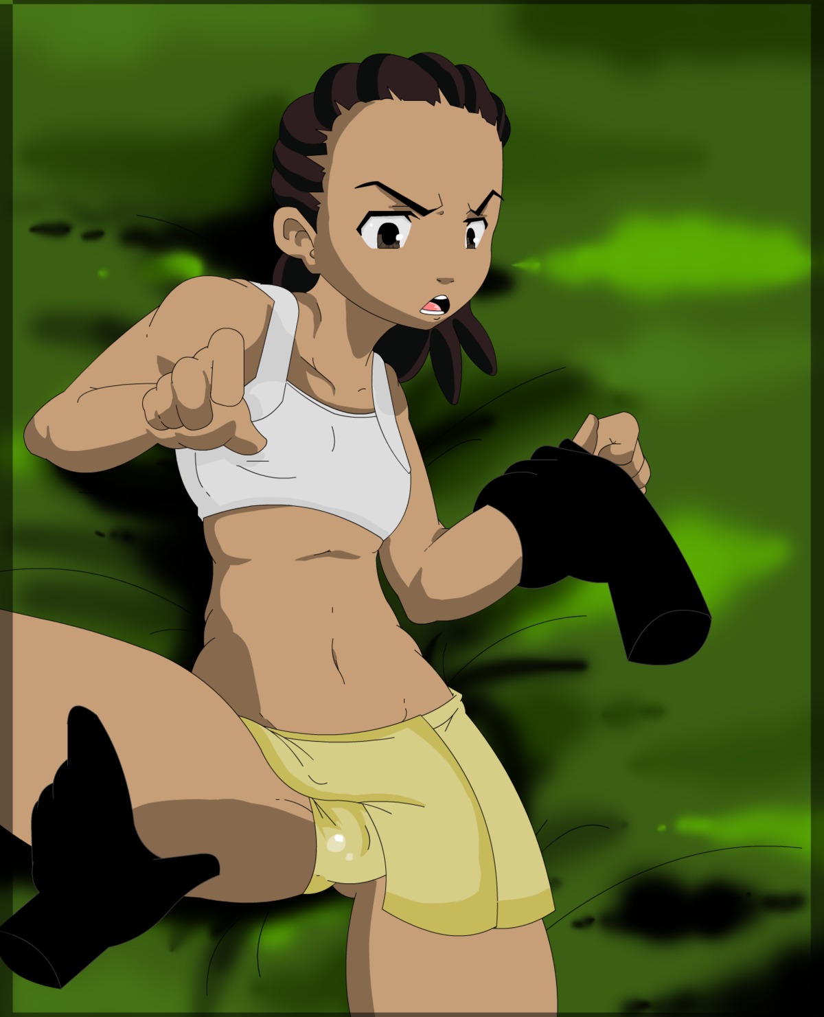 black_hair brown_skin clothes crossdressing disembodied_hand enookie hair human lying male male_only masculine_crossdresser on_back riley_freeman rule34 tagme the_boondocks