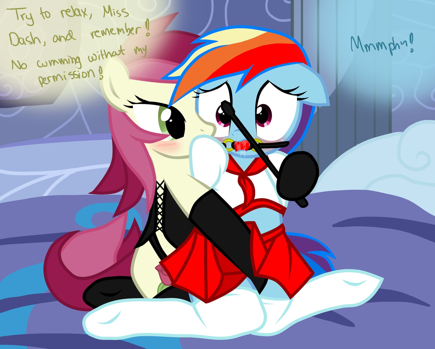 ball_gag bdsm blue_body blue_fur blush bondage bottomwear bound clothing corset dominant dominant_female duo e621 earth_pony equid equine female female/female feral fingering friendship_is_magic fur gag gagged gloves hair handwear hasbro hi_res horse legwear lingerie mammal multicolored_hair my_little_pony pony pyruvate rainbow_dash_(mlp) rainbow_hair riding_crop rose_(mlp) school_uniform skirt stockings submissive submissive_female tail thigh_highs topwear uniform whip