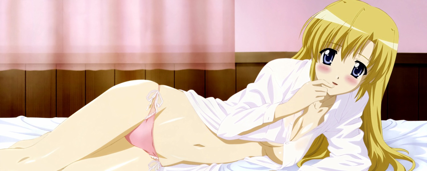 1girls bed blonde_hair blue_eyes blush bottomless breasts canvas_(series) canvas_2 cleavage female highres housen_elis long_hair lying no_bra open_clothes open_shirt panties pink_panties rule34 shirt side-tie_panties solo underwear