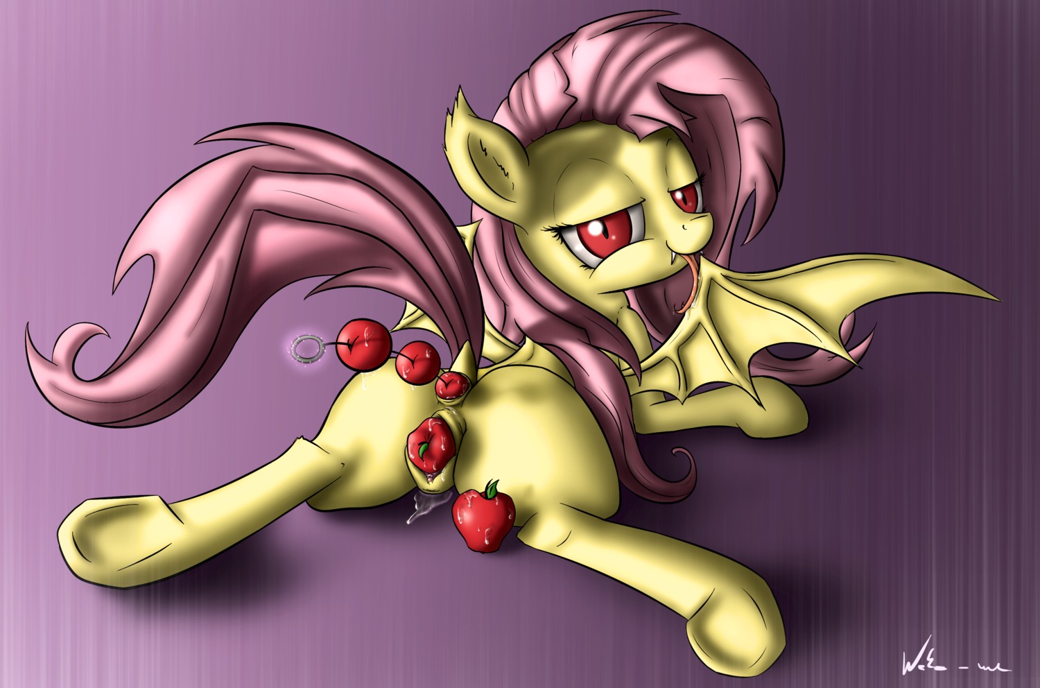2014 absurd_res anal anal_beads apple bat_pony bat_wings bedroom_eyes bodily_fluids e621 equid fangs female feral flutterbat_(mlp) fluttershy_(mlp) food friendship_is_magic fruit fur genital_fluids genitals hair half-closed_eyes hasbro hi_res hybrid long_tongue mammal membrane_(anatomy) membranous_wings my_little_pony narrowed_eyes neko-me pink_hair plant red_eyes seductive sex_toy solo teeth tongue vaginal_fluids vulva wings yellow_body yellow_fur