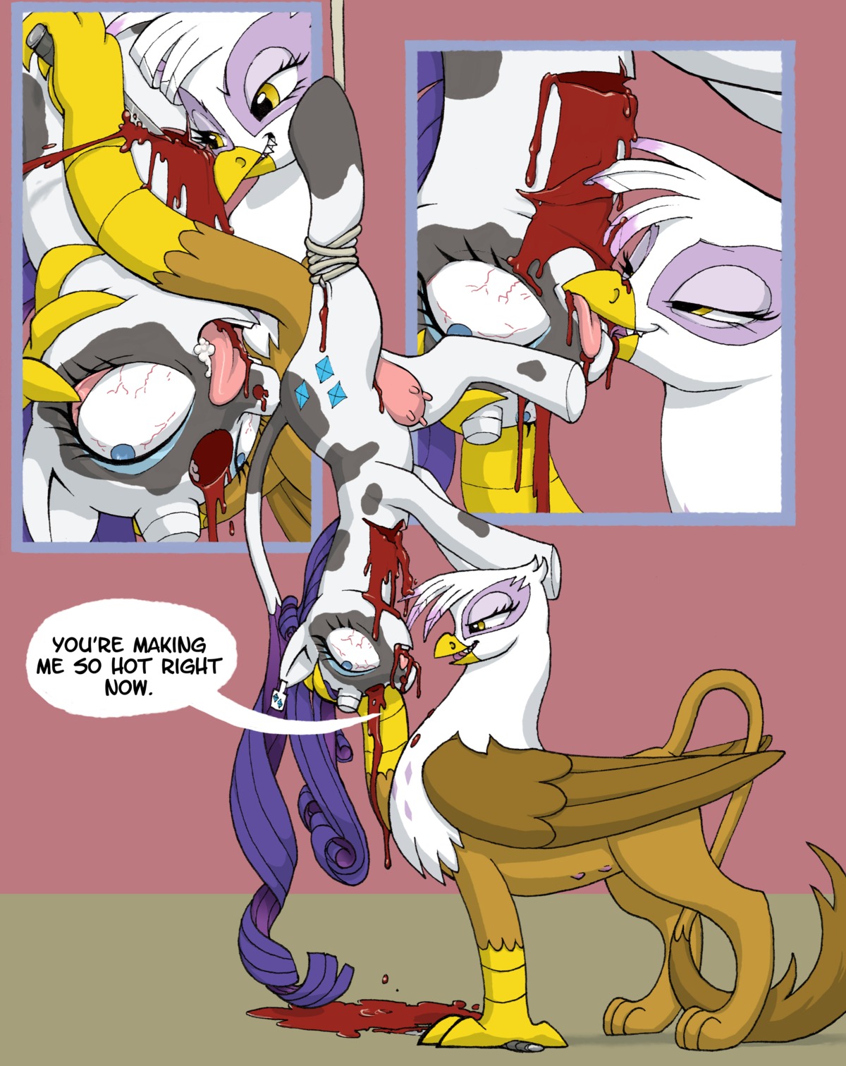 absurd_res alternate_species avian blood bloodshot_eyes bodily_fluids bovid bovine brain cattle dairy_cattle death decapitation duo e621 ear_piercing ear_tag english_text fan_character feathered_wings feathers female female/female friendship_is_magic gilda_(mlp) gore gore_focus grotesque_death gryphon hasbro hi_res holstein_friesian_cattle hybrid kissing mammal mechacockzilla my_little_pony mythological_avian mythological_creature mythology necrophilia organs piercing raricow_(mlp) rarity_(mlp) slit_throat tail teats text udders wings