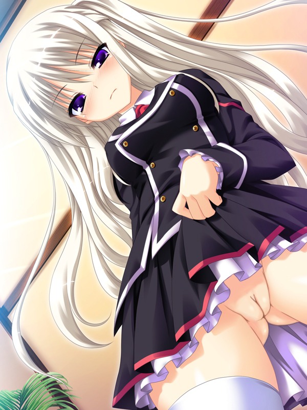 blue_eyes blush bridget_steiner female game_cg long_hair looking_down no_panties purple_eyes pussy rule34 silver_hair skirt skirt_lift thighhighs uncensored uniform upskirt white_legwear white_thighhighs you_gaku~you_gakuen_no_mirai_wa_kaichou_shidai!?~