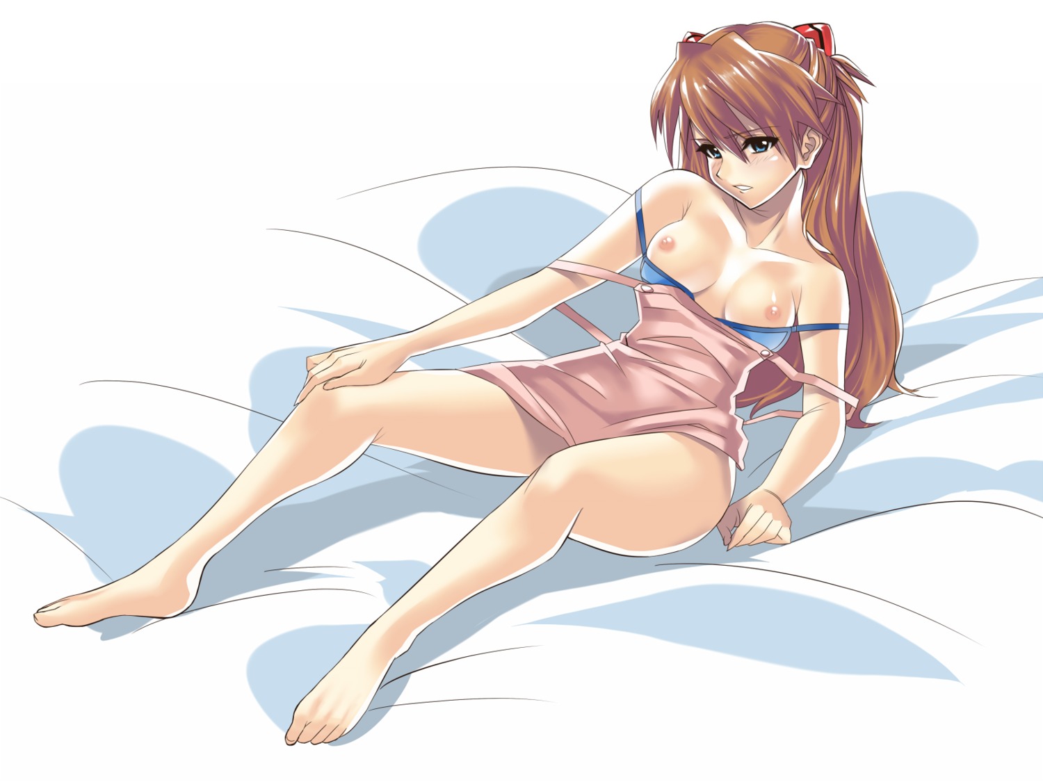 1girls asuka_langley_sohryu bare_shoulders barefoot blush bra breasts clothing dress feet female female_only hair hair_ribbon highres human long_hair medium_breasts neon_genesis_evangelion nipple_slip nipples okita_baba orange_hair ribbon rule34 sitting solo