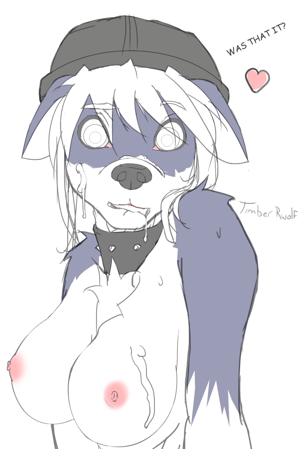 2011 anthro big_breasts biting_lip breasts canine collar cum female fur furry hat heart hi_res legendra looking_at_viewer nipples plain_background rule34 sketch solo sweat white_background