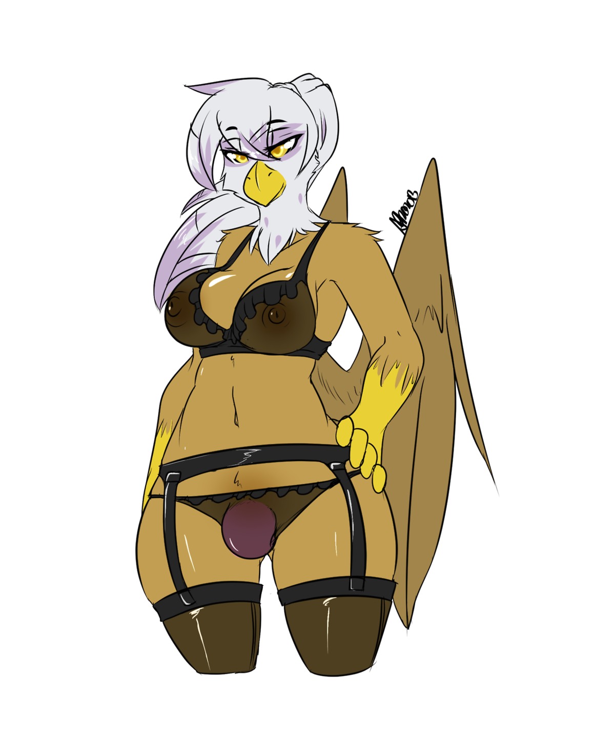 2013 5:6 anthro anthrofied avante92 avian beak breasts brown_body brown_feathers brown_fur bulge clothed clothing e621 feathered_wings feathers flaccid friendship_is_magic fur genitals gilda_(mlp) gryphon gynomorph hasbro hi_res intersex lingerie my_little_pony mythological_avian mythological_creature mythology nipples non-mammal_breasts non-mammal_nipples penis purple_body purple_feathers short_story skimpy solo story story_in_description white_body white_feathers white_fur wings yellow_eyes