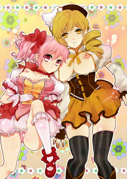 2girls blonde_hair breasts cameltoe female large_breasts lying mahou_shoujo_madoka_magica multiple_females multiple_girls nipples panties pink_eyes pink_hair pussy rule34 thighhighs tomoe_mami underwear yellow_eyes