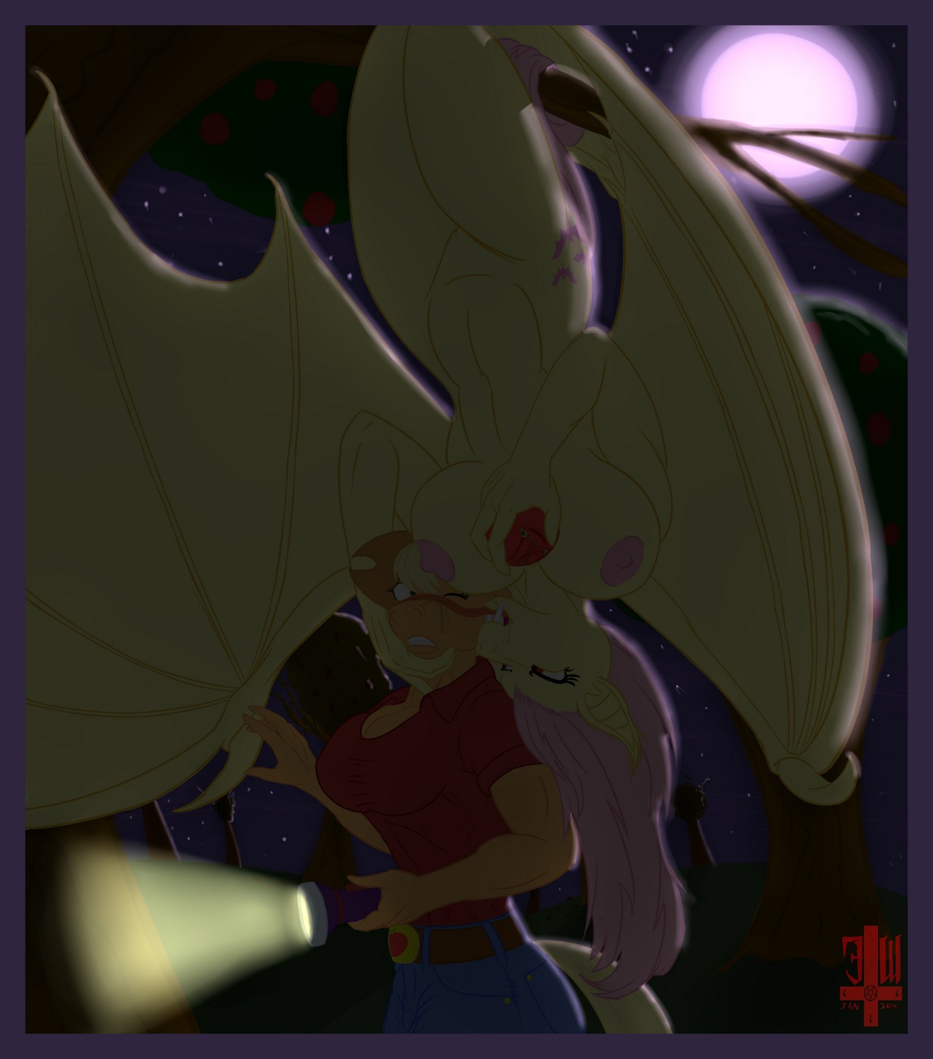 2014 anthro anthrofied apple applejack_(mlp) bat bat_pony bat_wings blue_border border bottomwear breasts clothing cowboy_hat cutie_mark denim denim_bottomwear denim_clothing duo e621 earth_pony equid equine female female/female flutterbat_(mlp) fluttershy_(mlp) food friendship_is_magic fruit genitals hair half-closed_eyes hasbro hat headgear headwear hi_res horse hybrid in_tree jeans long_hair mammal membrane_(anatomy) membranous_wings moon mortis_kull my_little_pony narrowed_eyes nude one_eye_closed outside pants plant pony shirt tongue topwear tree vulva wings