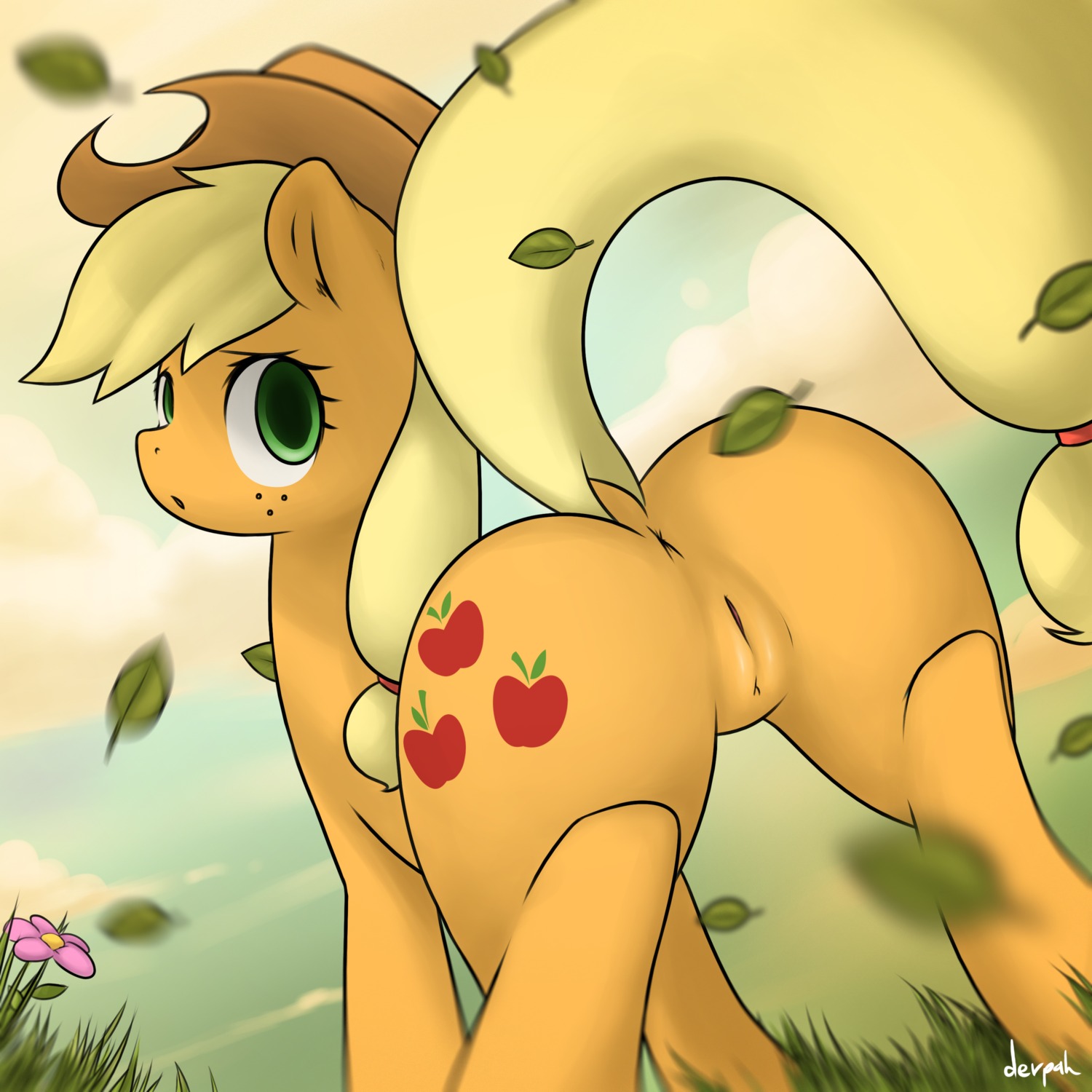 1:1 2014 absurd_res anus applejack_(mlp) blonde_hair butt clothing cloud cowboy_hat cutie_mark digital_media_(artwork) e621 earth_pony equid equine female feral freckles friendship_is_magic fur genitals grass green_eyes hair hasbro hat headgear headwear hi_res horse leaf long_hair mammal marblesoda my_little_pony orange_body orange_fur outside plant pony raised_tail solo standing tail vulva