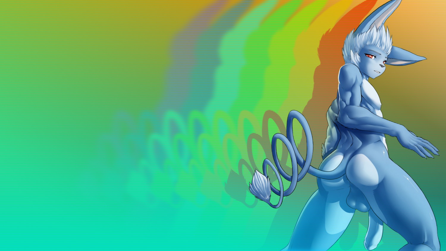 16:9 abstract_background anthro anthrofied anus backsack balls biped blue_hair butt countershading digital_media_(artwork) e621 eldiman generation_4_pokemon genitals glameow glenn_(sweetgm) gradient_background hair half-erect hi_res looking_at_viewer looking_back male nintendo nude penis pokemon pokemon_(species) pokemorph rear_view red_eyes simple_background solo tail wallpaper widescreen