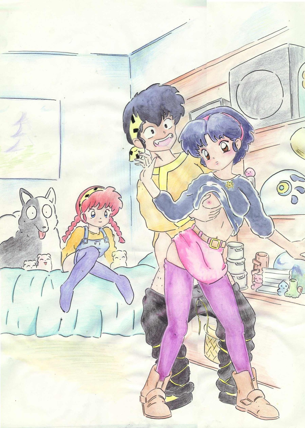 2girls akane_tendo breasts clothed_sex clothing female multiple_females multiple_girls ranma-chan ranma_1/2 ranma_saotome rule34 rule_63 ryoga_hibiki sex shirokuro skirt small_breasts stockings watching x20man yoiko_hibiki
