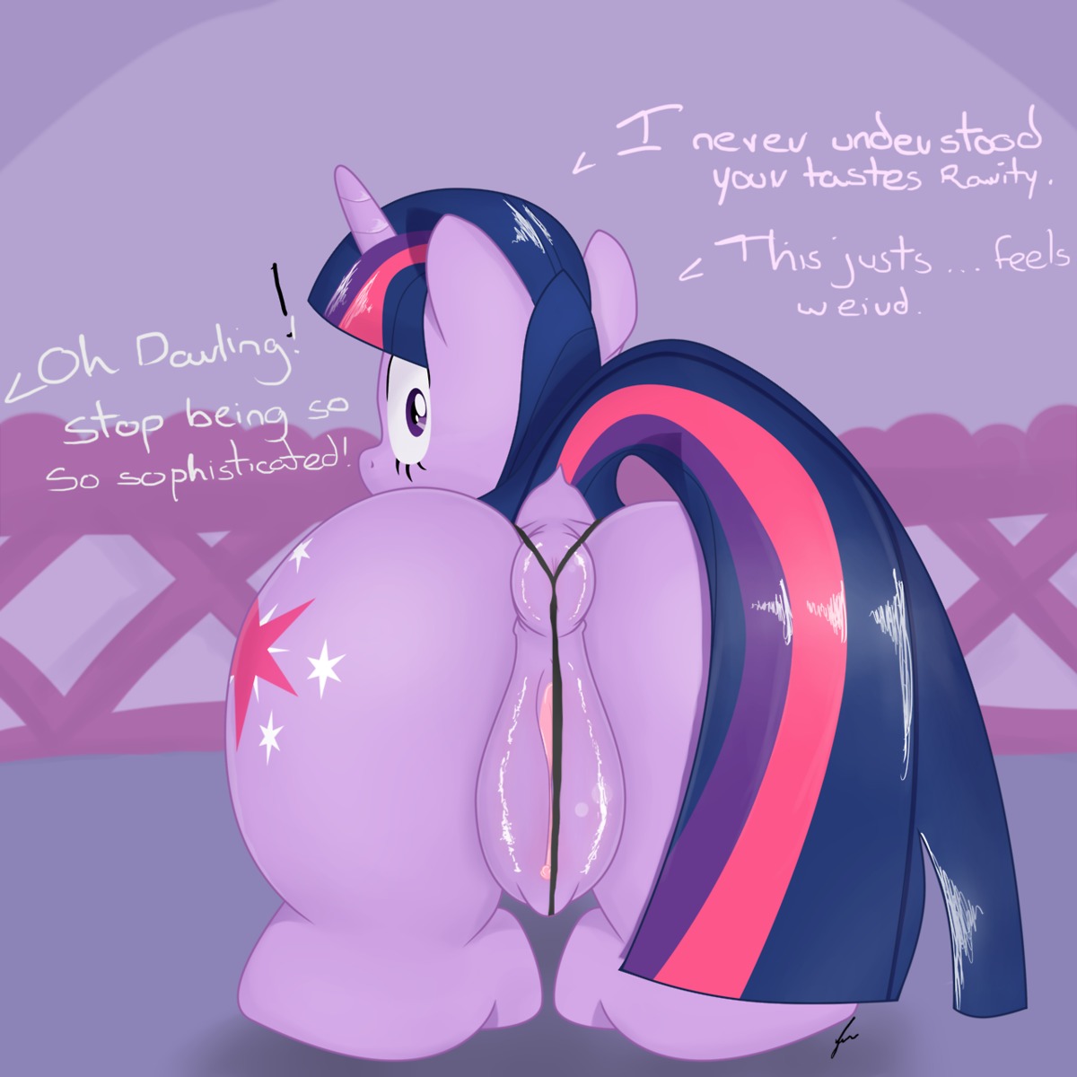 1:1 2014 animal_genitalia animal_vulva anus butt cutie_mark dialogue e621 english_text equid equine equine_anus equine_genitalia equine_vulva exclamation_point female feral friendship_is_magic fur genitals hair hasbro hi_res horn inside kernhd looking_back mammal multicolored_hair my_little_pony mythological_creature mythological_equine mythology purple_body purple_eyes purple_fur purple_hair solo text twilight_sparkle_(mlp) two_tone_hair unicorn vulva