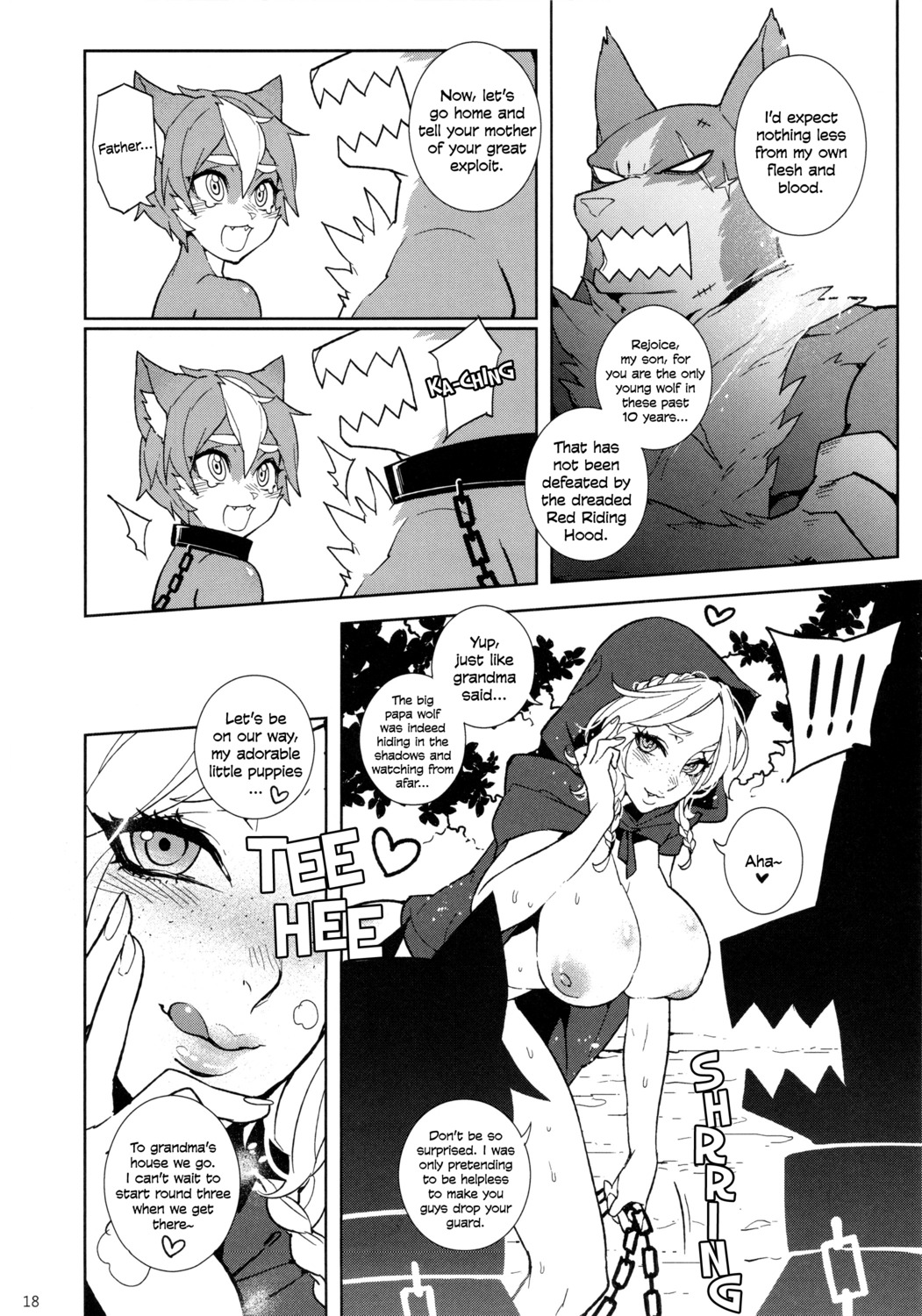 absurd_res anthro bdsm big_breasts blush bodily_fluids bondage bound braided_hair breasts canid canine canis chain comic e621 english_text eyelashes fairy_tales female fishine freckles greyscale group hair hi_res hood hood_up human licking licking_lips lips little_red_riding_hood little_red_riding_hood_(copyright) male mammal mantle monochrome nipples outside scar self_lick smile sweat text tongue tongue_out wolf