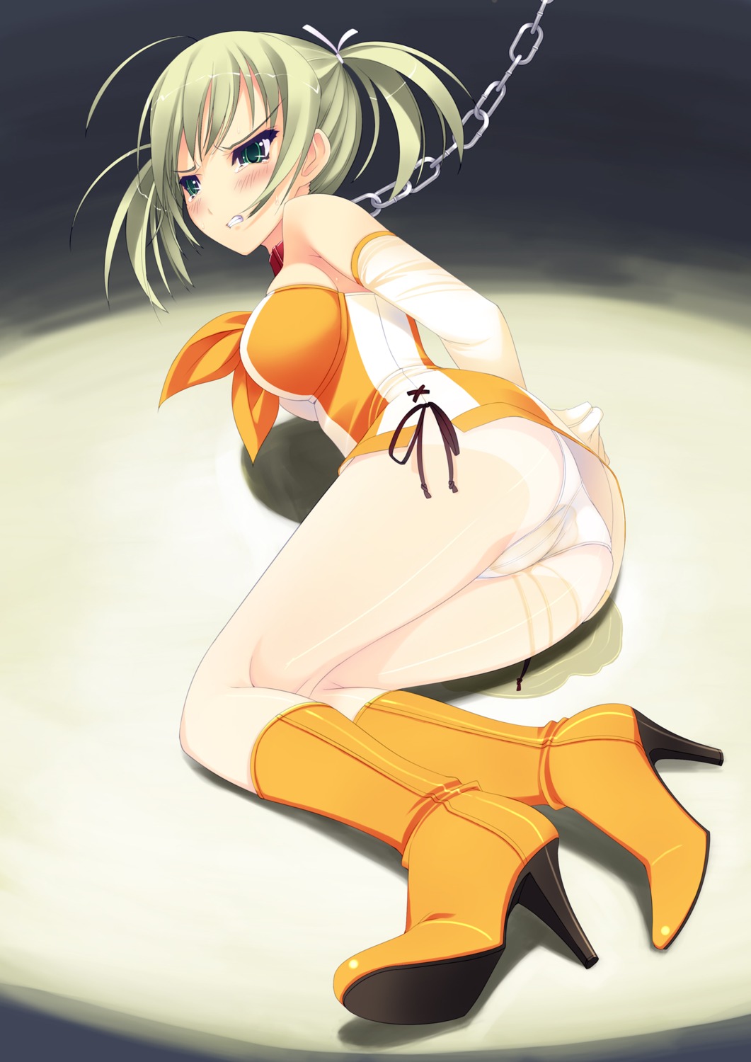 1girls bare_shoulders blonde_hair blush boots breasts chains clenched_teeth clothing collar elbow_gloves f-ism female female_focus female_human female_only gloves green_eyes high_heels highres human human_female human_focus human_only looking_at_viewer murakami_suigun on_side original panties pantyshot peeing peeing_self restrained rule34 shoes short_twintails solo solo_focus tan tanline tear tied_hair twintails underwear upskirt wet_panties wetting white_panties