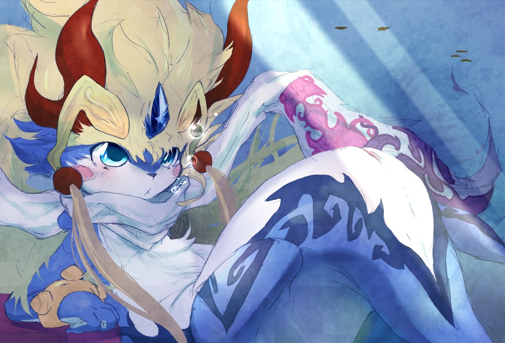 accessory air_bubble ambient_fish ambient_sealife ambiguous_gender animal_genitalia anthro aquatic arm_support bandai_namco big_hair blush blush_stickers bracelet bubble canid canine cloaca dagasi digital_media_(artwork) dragon e621 fish forehead_gem fur furred_dragon furred_scalie gem genitals hair hair_accessory horn hybrid jewelry leaning_on_elbow legless light mammal mostly_nude mythological_creature mythological_scalie mythology reclining sapphire_(gem) scalie scarf scarf_only shaorune solo sunlight tales_of_(series) tales_of_rebirth three-quarter_view underwater water young young_ambiguous young_anthro