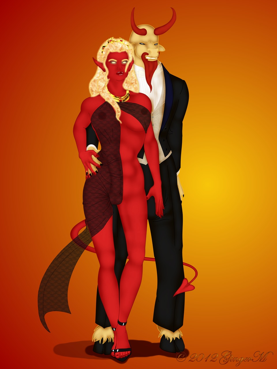 2012 3:4 anthro beard black_tie_(suit) bovid bovine bulge clothed clothing cloven_hooves demon detailed_bulge dress duo e621 european_mythology facial_hair fetlocks formal genital_outline gingerm glowing greek_mythology gynomorph hi_res hooves horn humanoid_pointy_ears intersex lips male mammal minotaur mythology orange_background penis_outline pointy_ears red_body red_horn red_lips red_skin romantic romantic_couple samael_tempestade_(gentlemanplayer) simple_background skimpy spade_tail suit tail watamaraka_(gentlemanplayer)