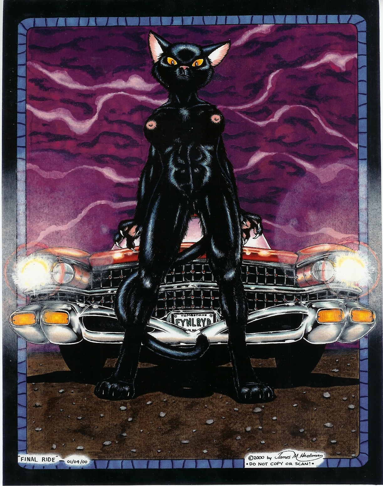 2000 4_toes anthro biped black_body black_fur breasts car claws copyright_symbol domestic_cat e621 english_text feet felid feline felis female fur genitals hearse hi_res hot_pussy james_m_hardiman looking_at_viewer mammal nipples nude raven_(jmh) solo standing symbol tail text toes vehicle vintage_car vulva yellow_sclera