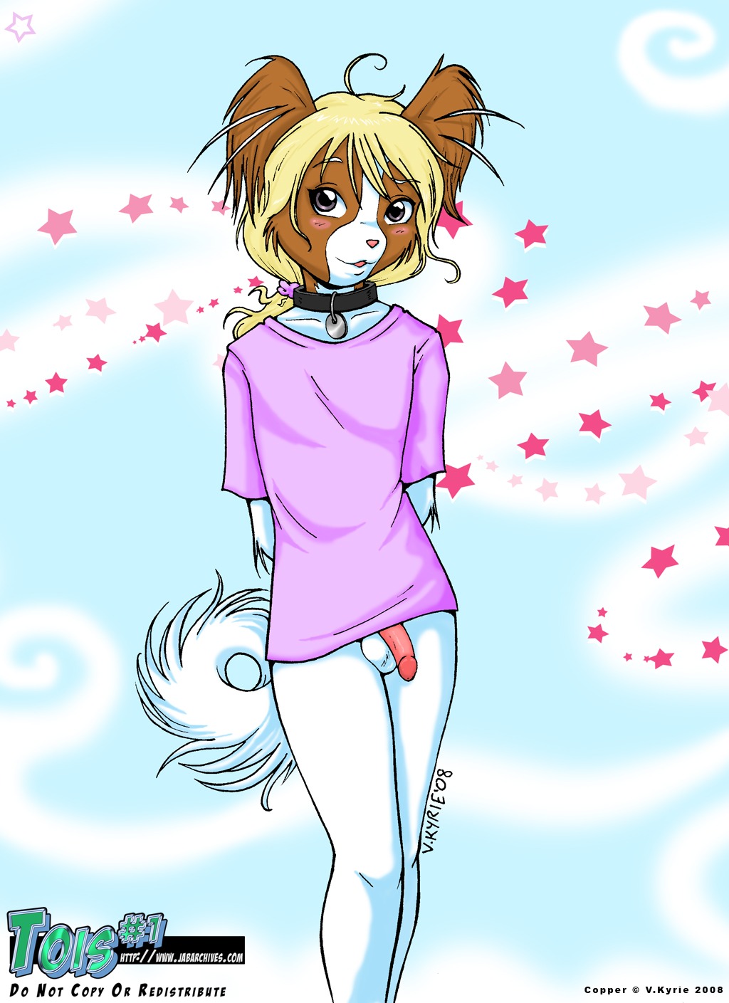 2008 anthro balls blush bottomless canid canine canis circumcised clothed clothing collar copper_(vkyrie) domestic_dog e621 genitals half-erect hi_res humanoid_genitalia humanoid_penis looking_at_viewer male mammal papillon penis solo tail toy_dog vkyrie