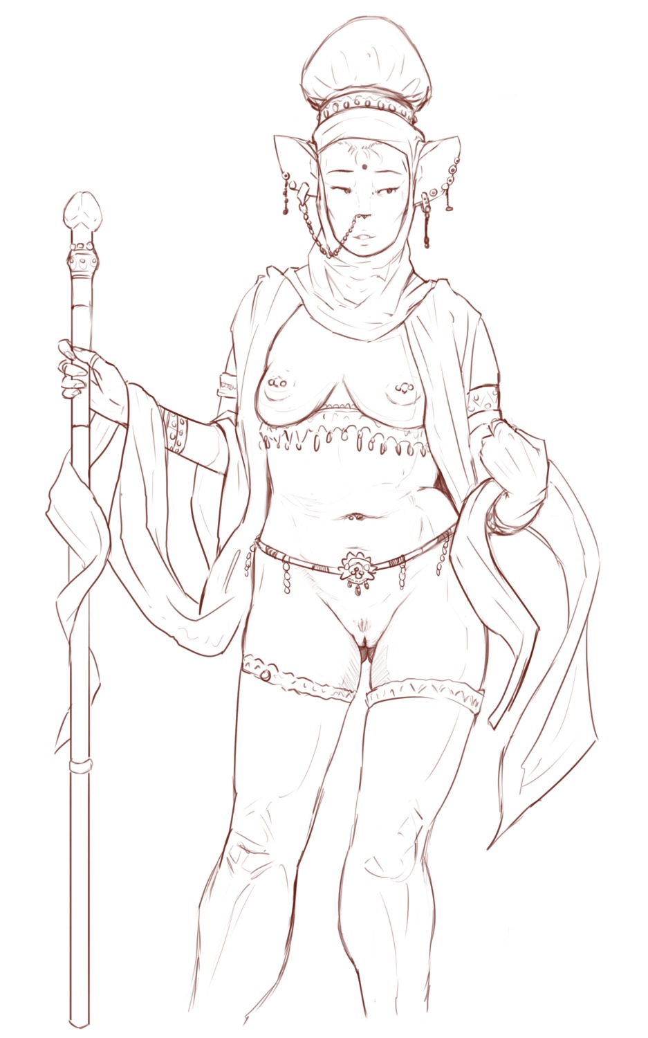 absurd_res breasts cane e621 ear_piercing facial_piercing felid female genitals hi_res mammal mature_female nipple_piercing nipples nose_piercing piercing pubes queen royalty slightly_chubby solo vulva whiterabbit_(artist)