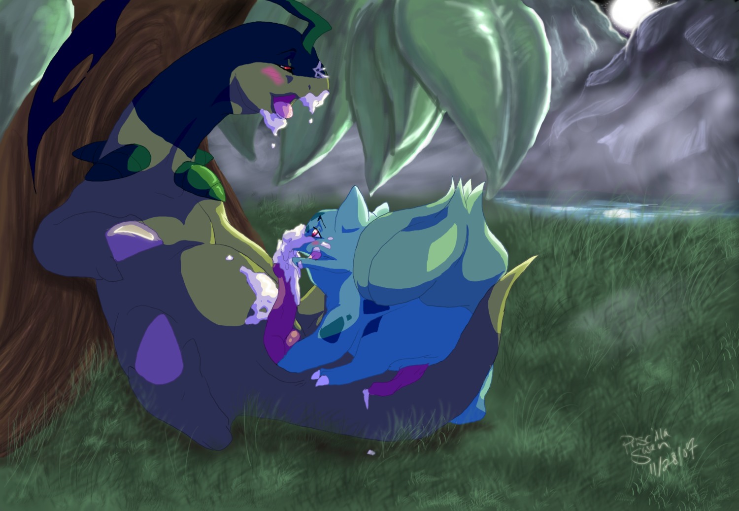 2007 anthro bayleef bulbasaur color cum feral furry interspecies male male_only multiple_males nintendo nude outdoors penis pok&eacute;mon_(species) pokemon pokemon_(species) pokemon_gsc pokemon_rgby priscilla_swan rule34 side_view tagme yaoi