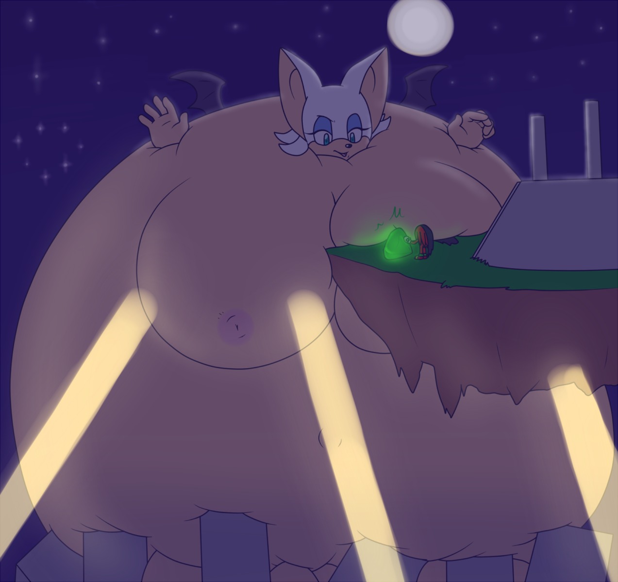 anthro bat beige_skin blue_eyes color dark echidna female inflation interspecies knuckles_the_echidna male master_emerald night nude outdoors rouge_the_bat rule34 size_difference sonic_(series) spherical_inflation sunken_head sunken_limbs white_fur white_hair