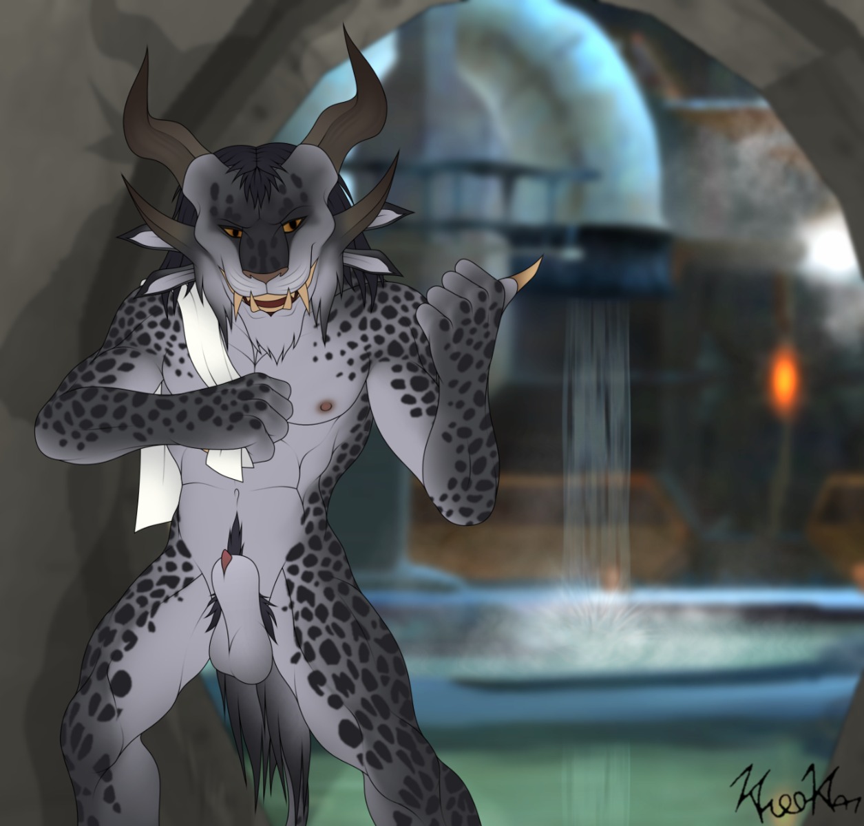 2014 5_fingers anthro armor balls biped charr claws clothing e621 erection felid fingers fur genitals grasp guild_wars hair half-closed_eyes happy hi_res horn inside kiro-kat looking_at_viewer male mammal narrowed_eyes navel nude open_mouth penis pubes sharp_teeth shirt shower smile solo teeth topwear towel water