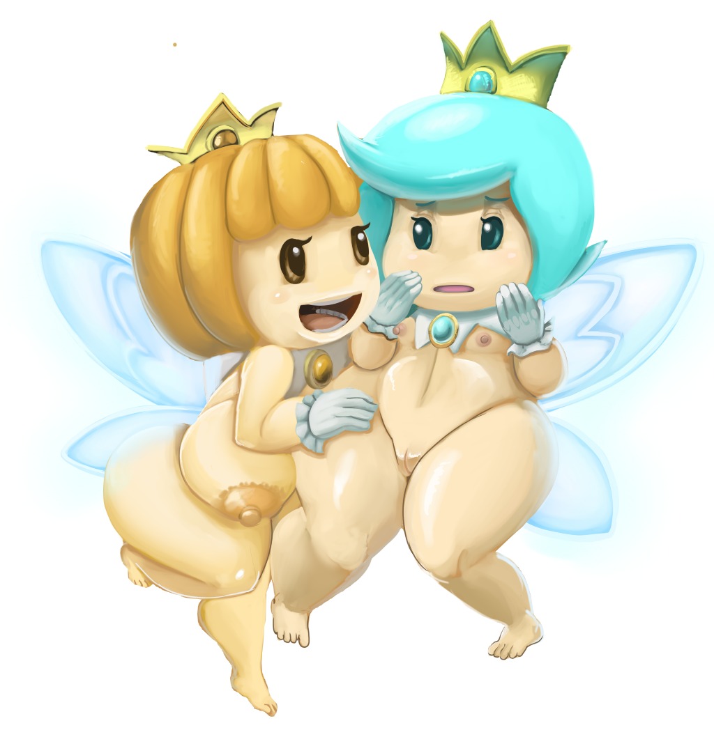 big_breasts blue_eyes blue_hair breasts crown duo e621 fairy female genitals hair headgear huge_breasts humanoid insect_wings mario_bros nintendo nipples not_furry orange_eyes orange_hair pdxyz pink_nipples shortstack simple_background small_breasts sprixie sprixie_princess super_mario_3d_world vulva white_background winged_humanoid wings