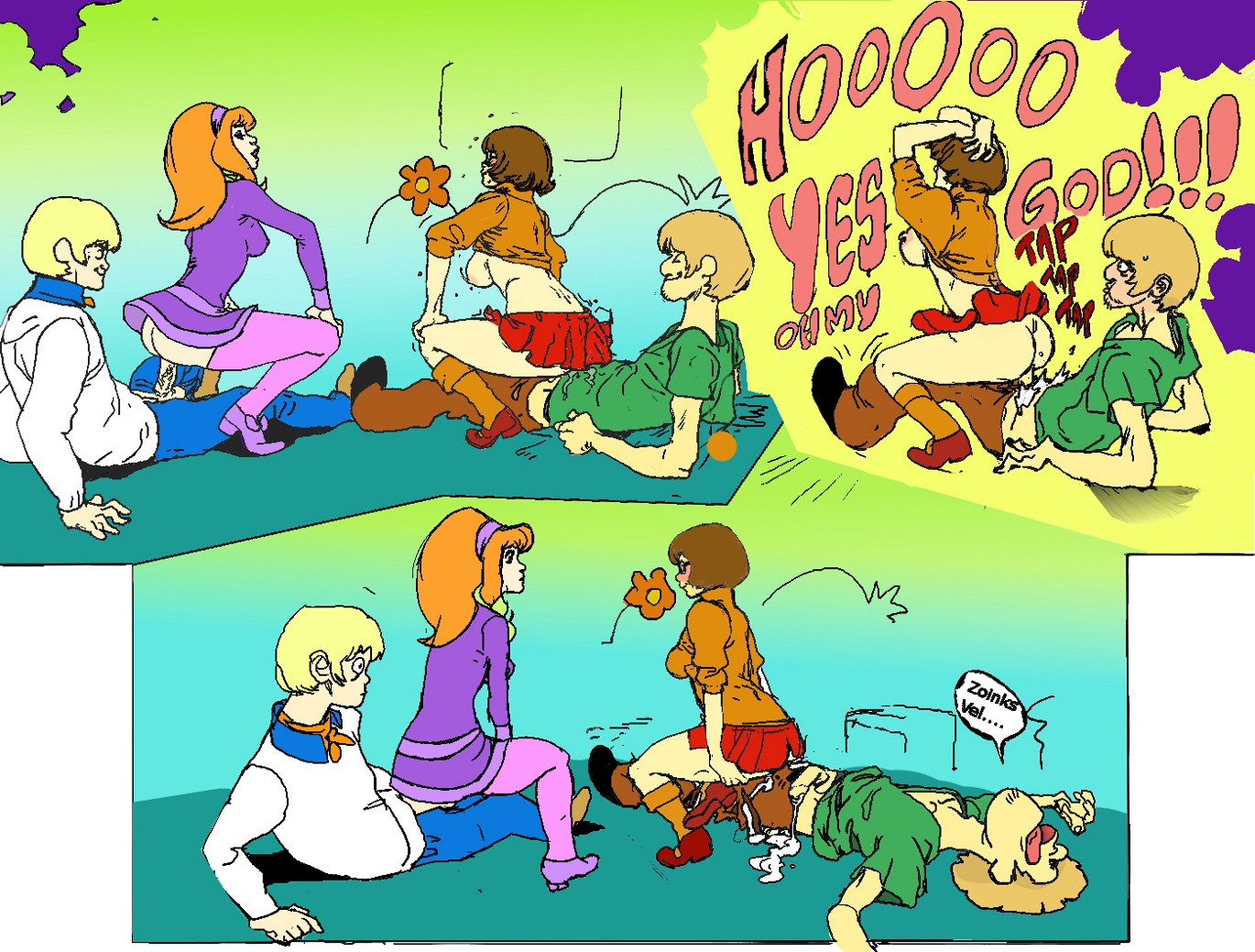2boys 2girls blush breasts cum cum_inside daphne_blake female fred_jones hanna-barbera happy_sex human jjfrenchie male nipples reverse_cowgirl_position rule34 scooby-doo sex shaggy_rogers straight swingers text velma_dinkley
