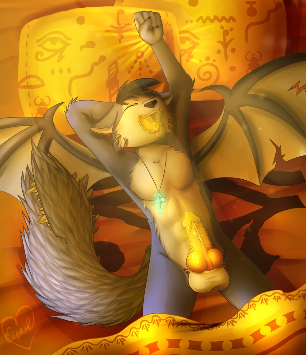 anthro balls bed biped black_hair blue_body blue_fur canid canine canis demon e621 egyptian eipril erection fur furniture genitals glowing glowing_genitalia glowing_penis glowing_tongue hair jewelry lying male mammal membrane_(anatomy) membranous_wings morning morning_wood nude on_back on_bed pendant penis solo tail teeth tongue warm_colors wings wolf yellow_theme
