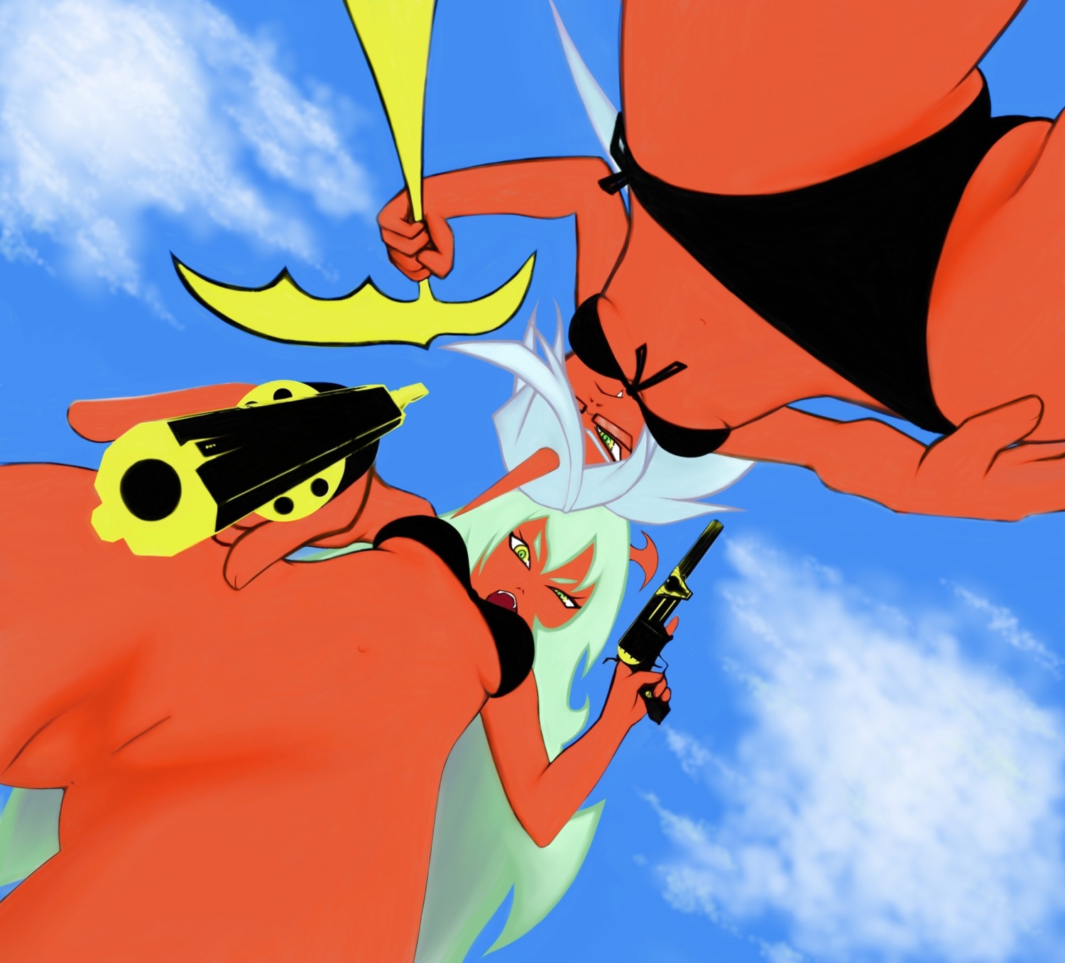 2demons angry demon demon_girl female firearm handgun horn kneesocks_daemon no_panties panty_&amp;_stocking_with_garterbelt red_skin revolver rule34 scanty_daemon weapon