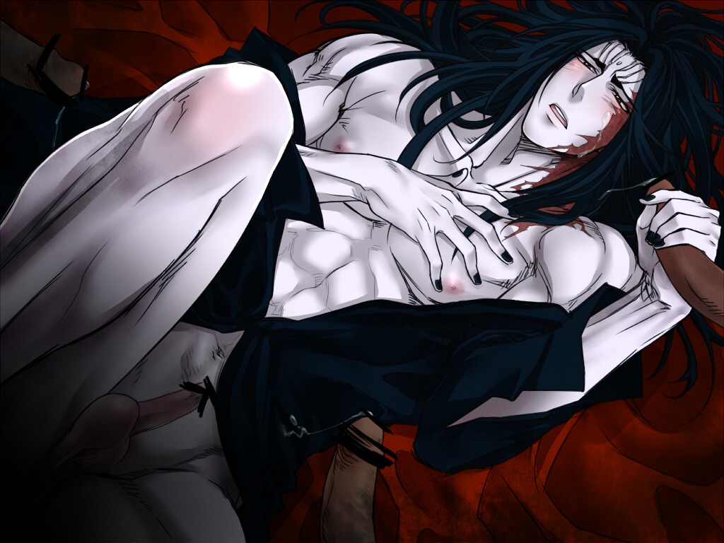 black_hair blush bottomless censored cum cum_on_face disembodied_penis facial four_on_one group_sex handjob long_hair male multiple_penises nipples open_clothes open_shirt pale_skin penis rule34 scar shirt shirtless stajun toriko_(series) yaoi