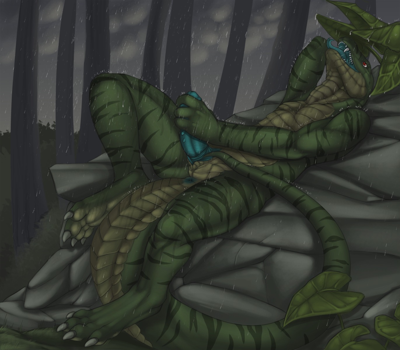 2012 4_toes animal_genitalia anthro anus biceps big_muscles big_penis biped blue_penis claws cloud conditional_dnp detailed_background digitigrade e621 erection feet forest genital_slit genitals green_body green_skin hi_res hindpaw holding_penis leaf lying male masturbation muscular muscular_anthro muscular_male nude on_back outside paws pecs penile penile_masturbation penile_spines penis plant pose python pythonthesnake raining red_eyes reptile rock scales scalie sheath sky snake solo stripes tail toe_claws toes tojo_the_thief tree wood