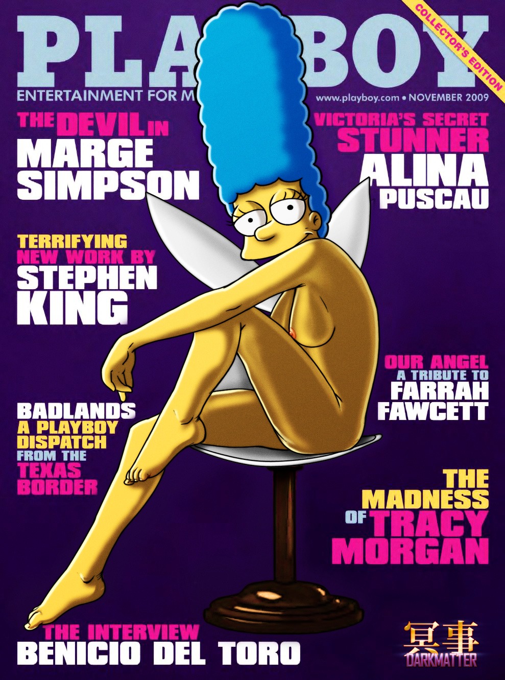 1girls 20th_century_studios 2d accurate_art_style blue_hair breasts color completely_nude darkmatter english_text female female_only human marge_simpson nipples nude nude_female playboy rule34 side_view sitting solo tagme text the_simpsons yellow_body yellow_skin