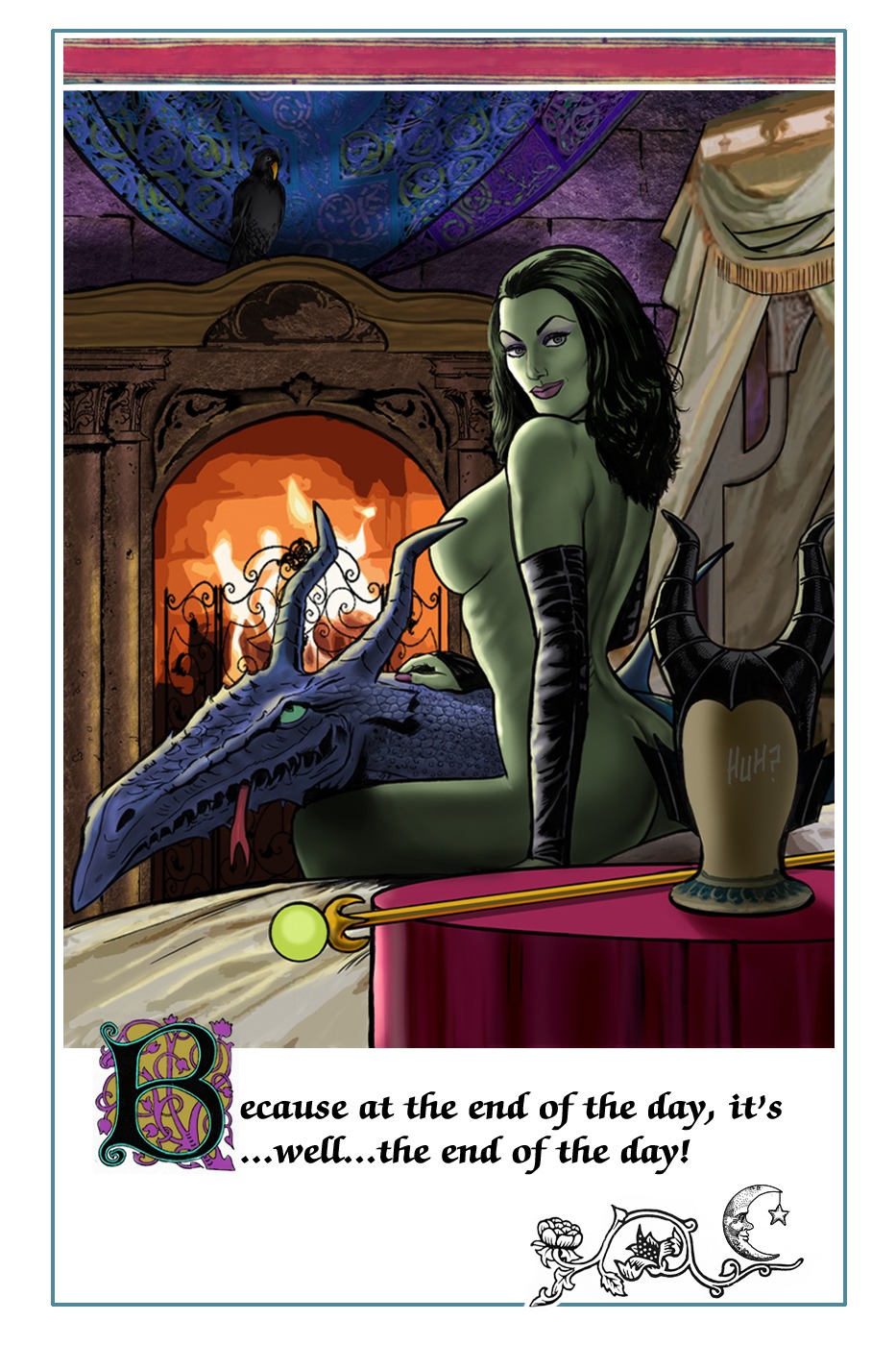 1girls ass back bed breasts closed_mouth co4 convenient_censoring diablo_the_raven disney disney_villains dragon female fireplace green_eyes green_skin indoors large_breasts looking_at_viewer looking_back maleficent rule34 sideboob sitting sleeping_beauty_(1959_film) smile tagme witch