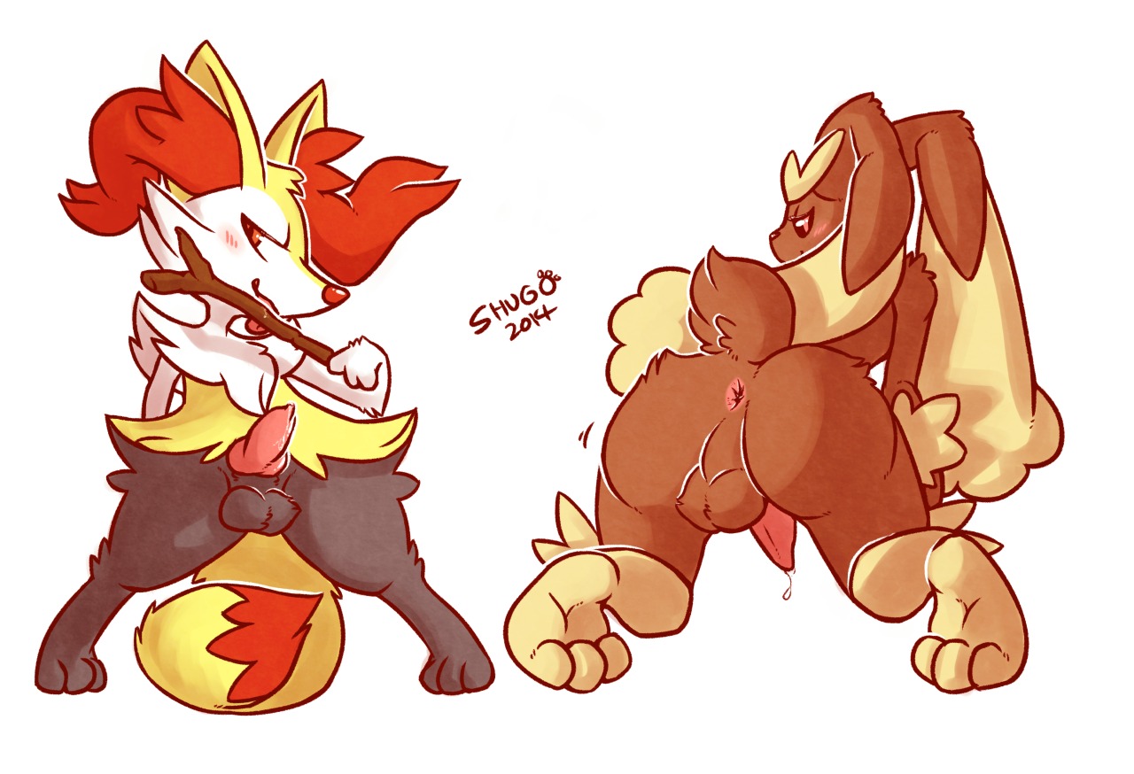 2014 all_fours animal_genitalia animal_penis anthro anus backsack balls barefoot black_sclera blush bodily_fluids braixen butt canid canine canine_genitalia canine_penis cum cum_drip cum_on_penis digital_media_(artwork) dripping duo e621 erection feet fur generation_4_pokemon generation_6_pokemon genital_fluids genitals half-closed_eyes happy inner_ear_fluff knot lagomorph licking looking_at_viewer looking_back lopunny male mammal narrowed_eyes nintendo nude open_mouth orgasm penis pink_penis pokemon pokemon_(species) precum presenting presenting_hindquarters red_eyes red_nose shadowfox13 shugowah simple_background smile standing tongue tongue_out tuft white_background