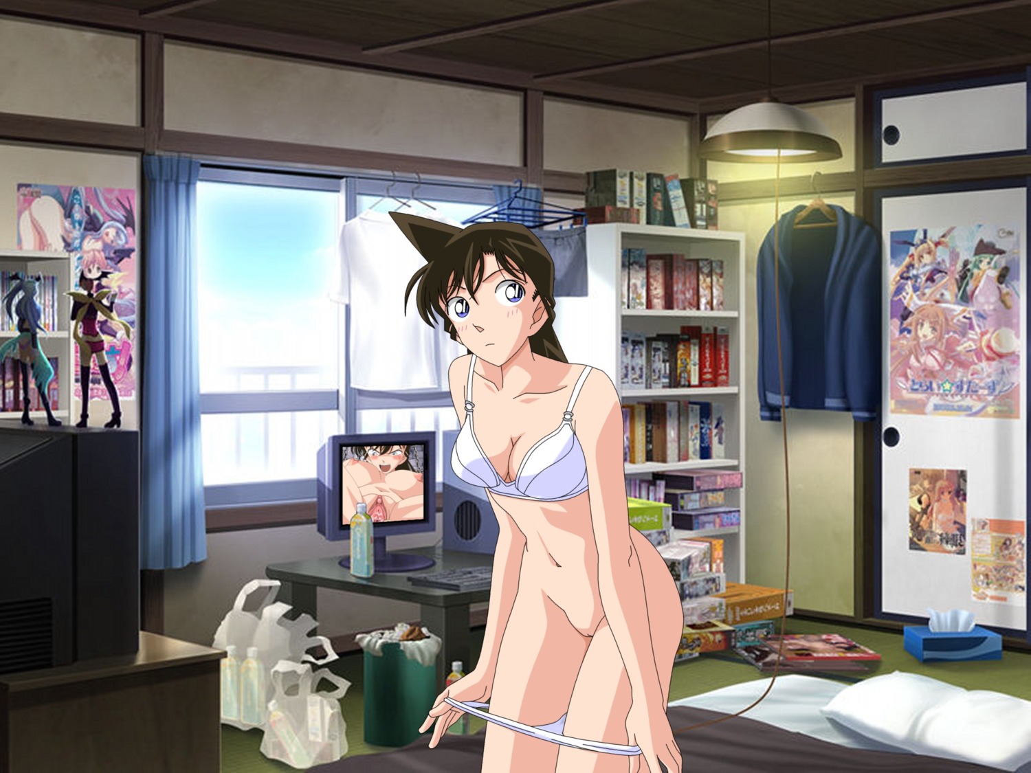 1girls black_hair blue_eyes bra detective_conan female female_only panties pussy ran_mouri rule34 solo tagme underwear undressing vagina white_bra white_panties white_underwear